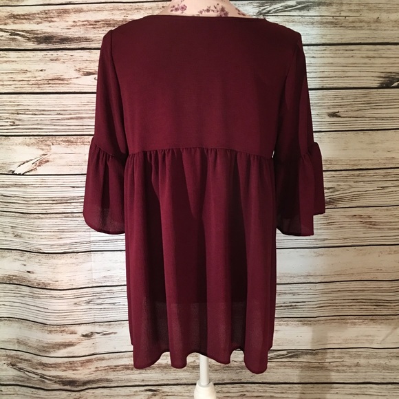 SALE! Burgundy Bell Sleeve Blouse - Picture 3 of 3